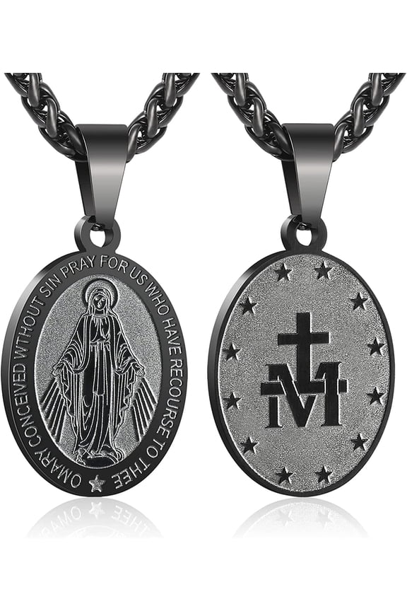 Black Saint St Virgin Mary Necklaces for Men Boys Stainless Steel Medal Pendant Chain Christian Religious Catholic Birthday Valentines Day Jewelry Gifts Teen Him Husband Dad Adults Kids Ideas