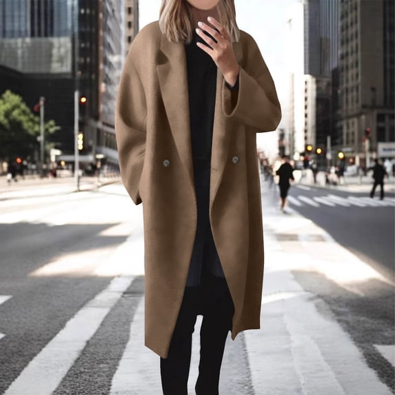 Black**Sale on Sale Chaoheng Winter Coats for Women Women's New Single Breasted Wool Blend Coat,Long Line Trench with Notch Lapel and Pockets