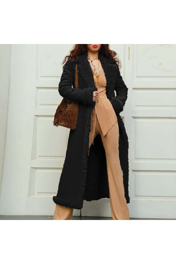 Black**Sale on Sale Chaoheng Women Overcoat on Sale Women's Long Sleeve Solid Color Pea Coat,Thickened Long Line Warm Trench with Button Front