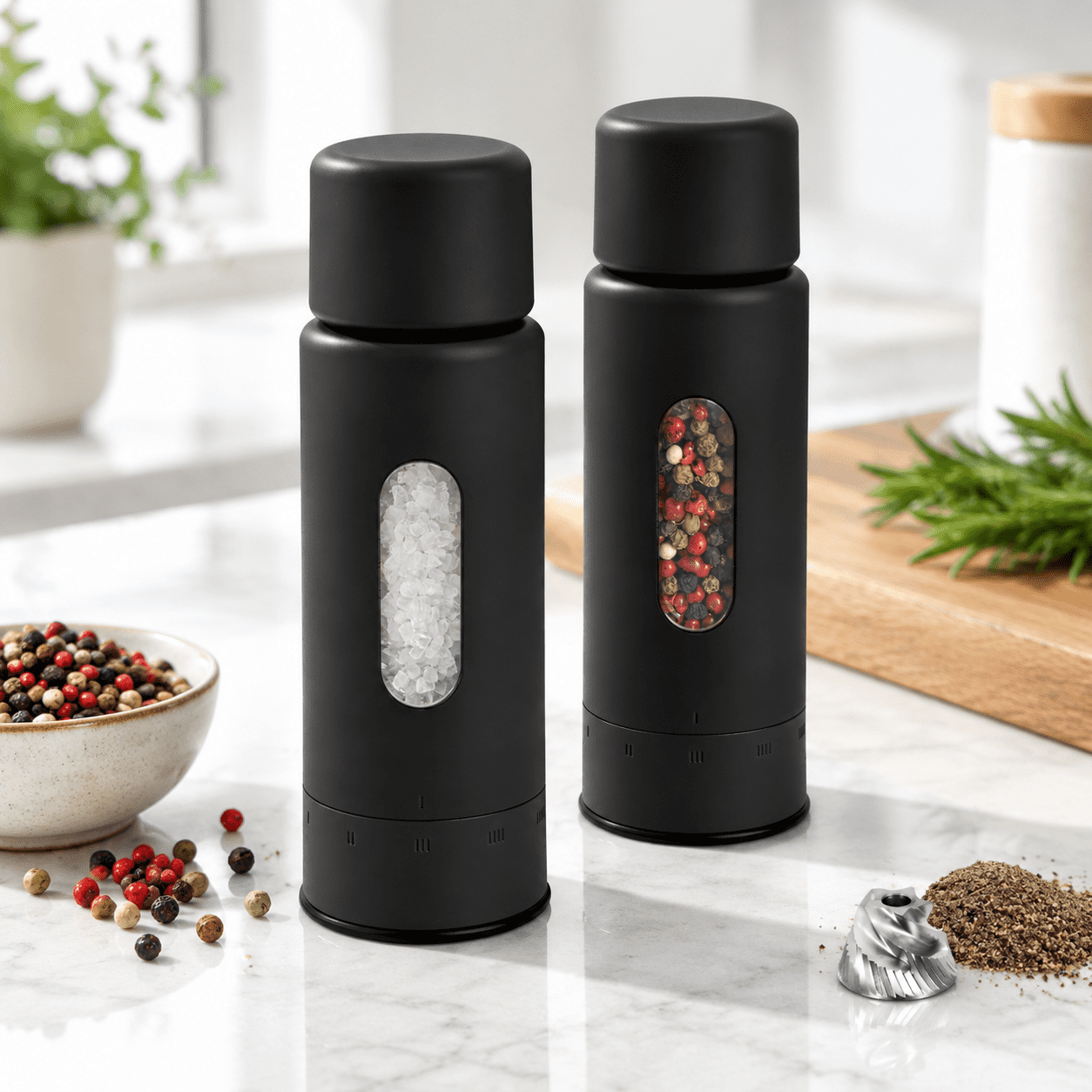 Disigen Pepper Black Salt and Pepper Mill Set Manual with Adjustable Coarseness ...