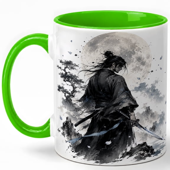 Black Samurai Coffee Mug, Moon Warrior Mug, Japanese Fantasy Birthday Christmas Gift for Men, Ink Style Katana Mountain Night Art, 11 oz White Ceramic Coffee Cup