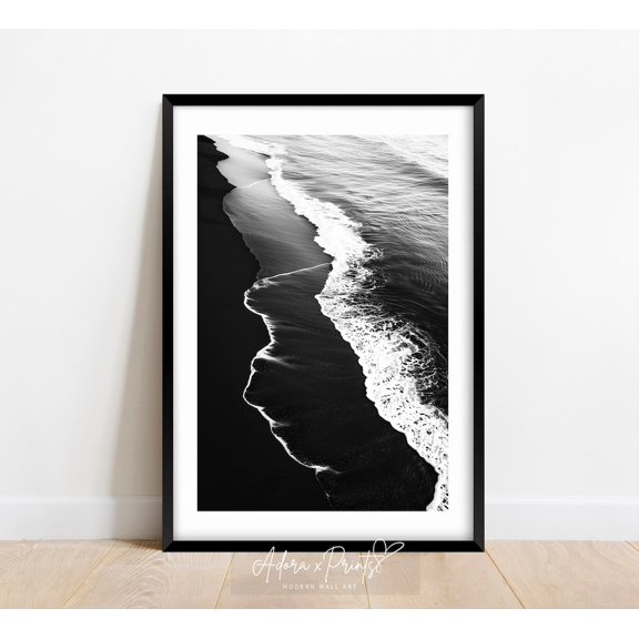 Black Sand Beach Black and White Ocean Waves Sandy Beach Beach House Coastal Room Decor Wall Decor Unframed Paper Print