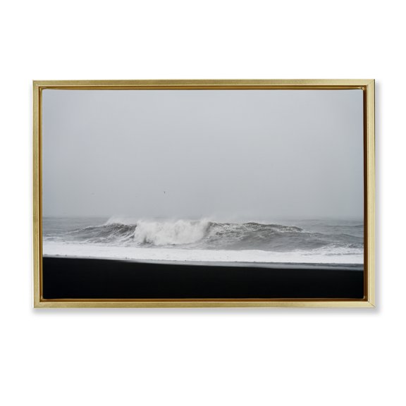 Stupell Industries Black Sand Beach Waves Gold Framed Floater Canvas Wall Art, design by Jade Sharp Photo, 21 x 31