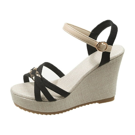 Black Sandals With Solid Color Round Toe Open Toe Strap One-Line Buckle Thick Bottom Waterproof Wedge Style For Women Spring And Summer Casual Outfits Cloth Comfort Fit