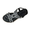 thumbnail image 1 of Black Sandals For Women Flat Bohemian Style Rhinestone Roman Elastic Back Strap Comfortable Casual Summer Beach Shoes Lightweight Breathable Outdoor Size 42, 1 of 9