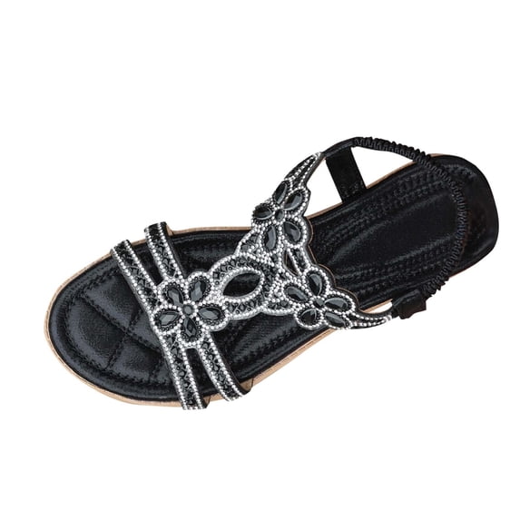 Black Sandals For Women Flat Bohemian Style Rhinestone Roman Elastic Back Strap Comfortable Casual Summer Beach Shoes Lightweight Breathable Outdoor Size 42