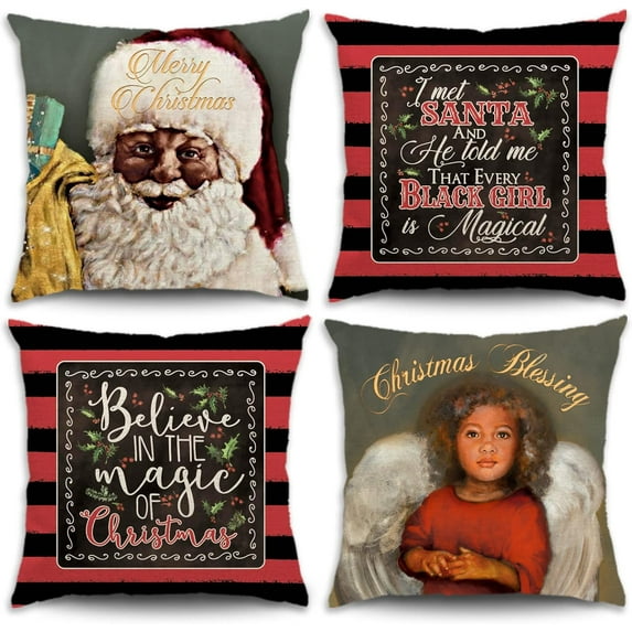 Black Santa Christmas Decorations African American Christmas Pillow Covers 18x18 Set of 4 for Living Room Couch and Sofa (Black Girl Angel)