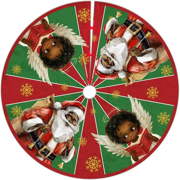 Black Santa Christmas Tree Skirt 48Inch African American Christmas Tree Decorations Red and Green Snowflake Xmas Tree Skirt for Winter Holiday Party Home Decor Indoor Outdoor