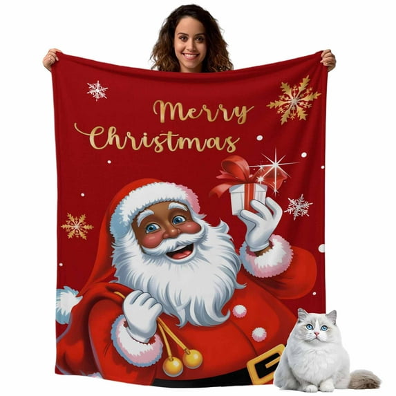 Black Santa Claus Merry Christmas Flannel Blanket for Bed,Travel and Camping, Xmas Snowflake Red Super Soft Cozy Blanket for All Seasons 30"x40"