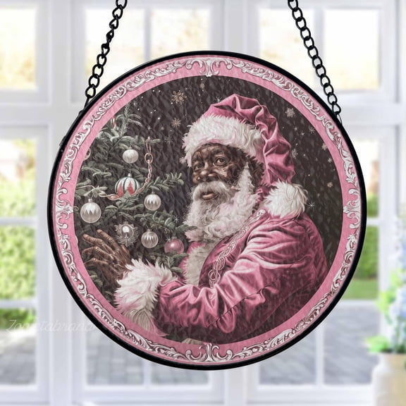 Black Santa Stained Glass Suncatcher Metal Outdoor Decor Christmas Holiday Festive Pink White