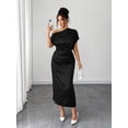 thumbnail image 1 of Black Satin Asymmetric One-Shoulder Ruched Waist Midi Dress For Women, 1 of 6