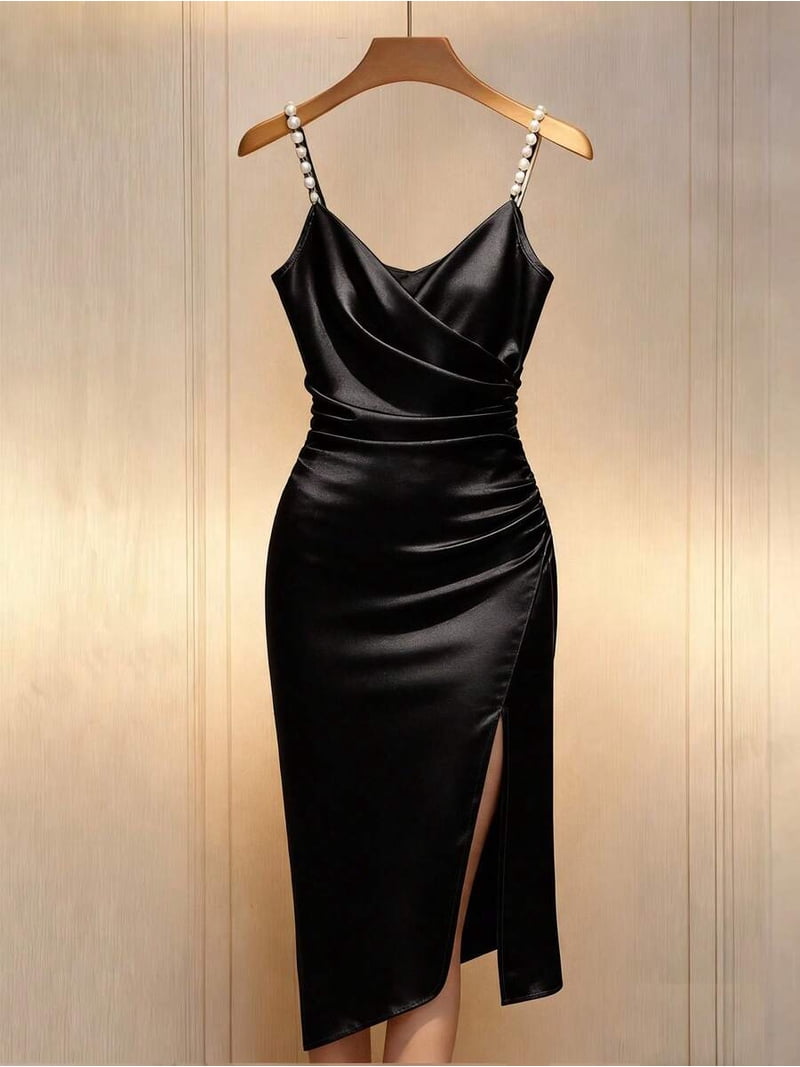 black dress with pearl embellishment Satin Bodycon Pearl-Embellished Spaghetti Straps, Crossover Neckline, Ruched Waist And Side Slit ABCONTROL black tie dresses for Size:US26+ style front creates a Sheath dress