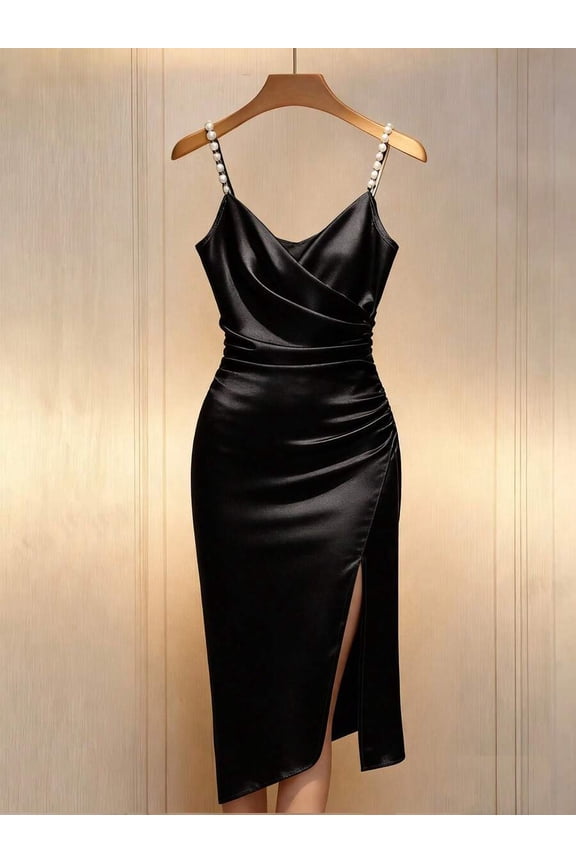 Black Satin Bodycon Dress With Pearl-Embellished Spaghetti Straps, Crossover Neckline, Ruched Waist And Side Slit