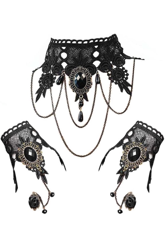 Black Satin Fold Beading Etiquette Fingerless Gloves Women Gothic Floral Steampunk Wristband Ring Handmade Gloves Bridal Bracelet Ring Set - 1 Pair