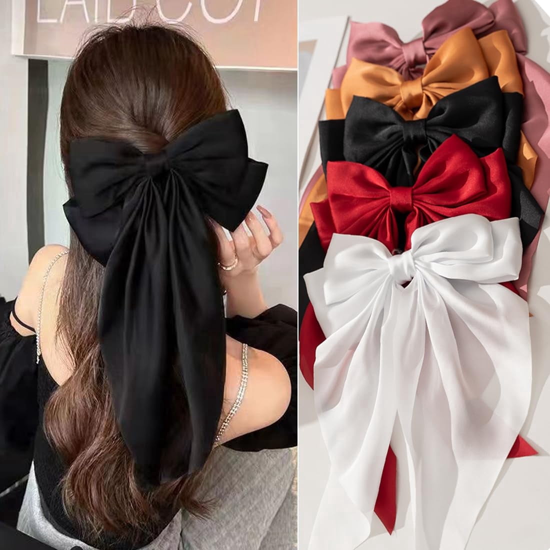 Black Satin Hair Bows and Clips Set for Women & Girls - 5 PCS Bow-knot Hair Clip, Big Bows Claw Clips, Non-Slip Clip for Thick and Thin Hair