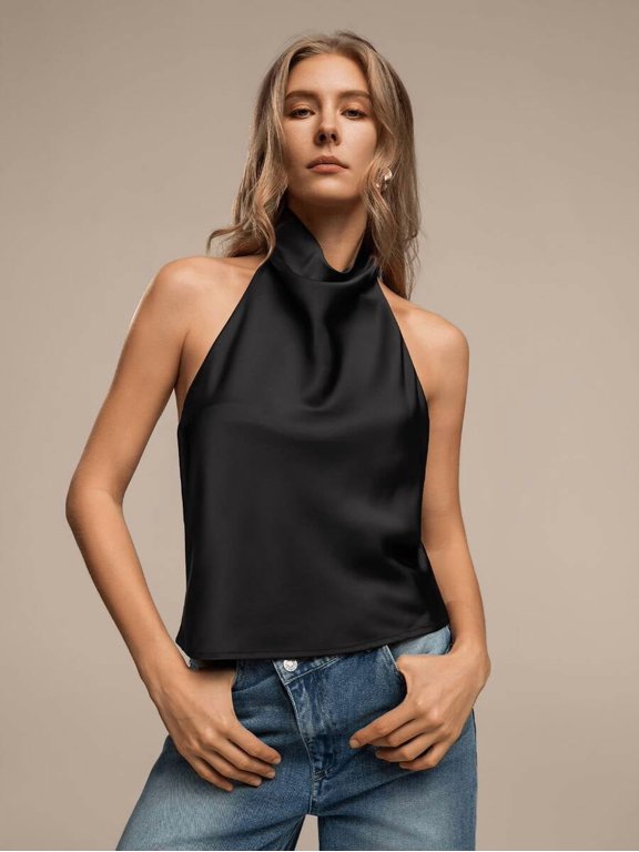 Black Satin Halter Neck Backless Top For Women, Elegant Summer Blouse