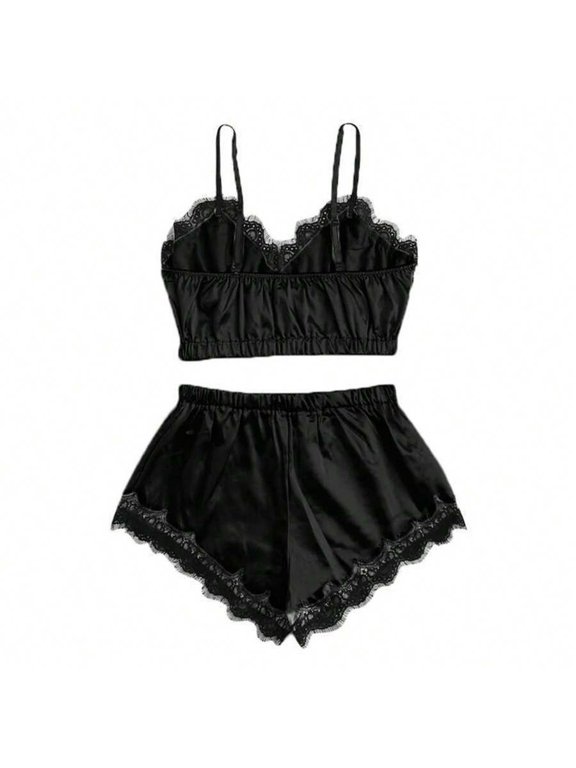 Black Satin Lace Cami And Shorts Pajama Set For Women, Soft Loungewear Sleepwear