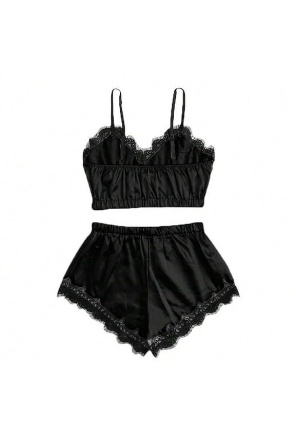 Black Satin Lace Cami And Shorts Pajama Set For Women, Soft Loungewear Sleepwear
