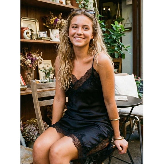 Black Satin Lace-Trimmed Spaghetti Strap Slip Dress Asymmetrical Hem
