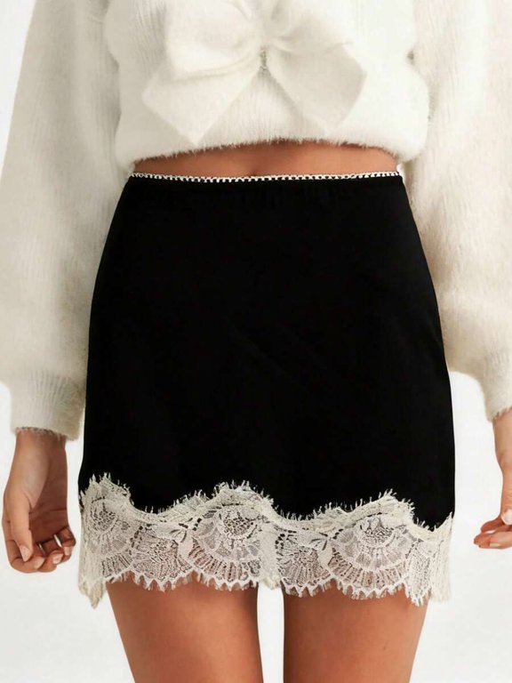 Black Satin Mini Skirt With Delicate Floral Lace Hem Low Rise A-Line Underskirt Extender
