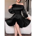 thumbnail image 1 of Black Satin Off-Shoulder Puff Sleeve Ruched Waist A-Line Mini Dress, 1 of 8