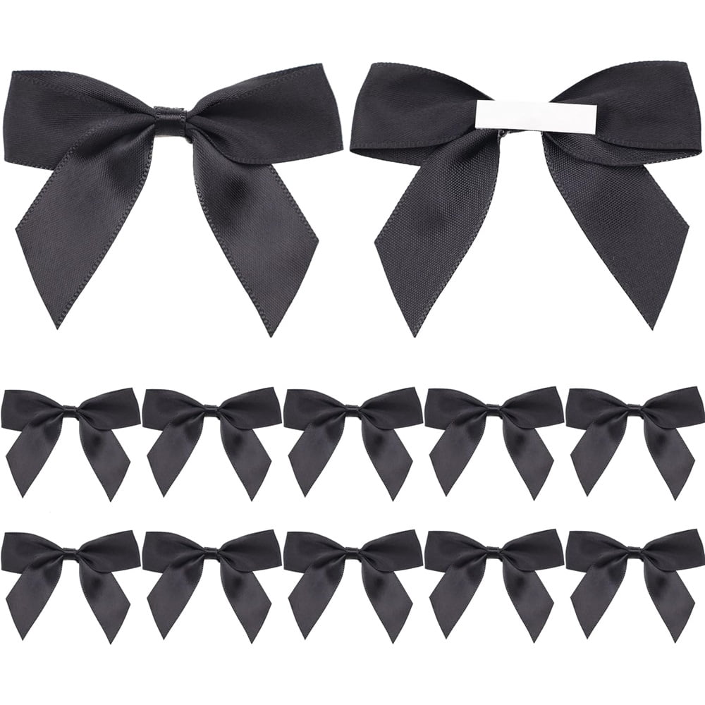 Black Satin Ribbon Bows - 100Pcs Self-Adhesive Premade Ribbon Bows with Double-Sided Tape for Crafts, Christmas, Birthday, Wedding Decorations