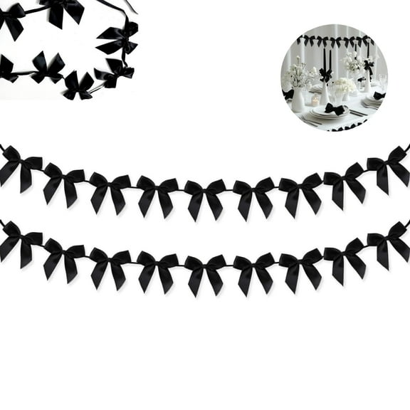 Black Satin Ribbon Decorations,Set of 2 Resuble Bow Garland Banner,QZS Pre-Strung Ribbon Festive Supplies for Birthday,Wedding Party