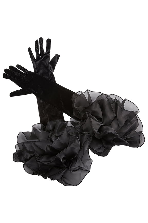 Black Satin Wedding Gloves Long Retro Formal Soft Velvet Stretchy Mittens with Sheer Tulle Ruffle pleated Cuff Over Elbow Glove