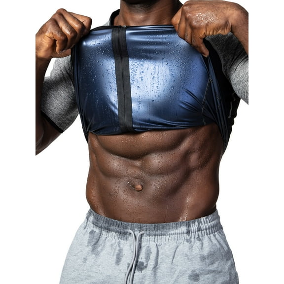 Black Sauna Workout Shirt for Men Sweat Suit Weight Loss Training Body Shaper Zipper Short Sleeve Slimming Shirt