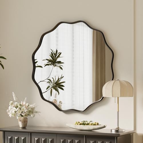 Black Scalloped Circle Mirror, 20" Wavy Edge Round Wall Mirror with Tempered Glass Textured Circular Metal Deep Frame, Hanging Leaning for Bathroom, Hallway, Entryway, Livng Room