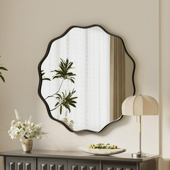 Black Scalloped Circle Mirror, 20" Wavy Edge Round Wall Mirror with Tempered Glass Textured Circular Metal Deep Frame, Hanging Leaning for Bathroom, Hallway, Entryway, Livng Room