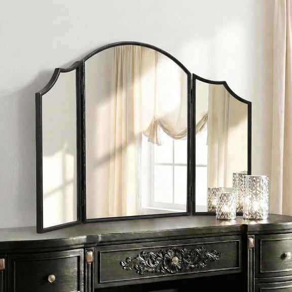 Black Scalloped Dresser Mirror: 36"x24" Large Modern 3 Way Trifold Vanity Miror - Minimalist Wood Frame Three Sided Mirrors for Bedroom/Cloakroom/Dressing Room - Home Decor for Housewife