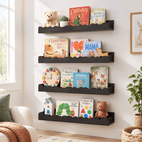 Black Scalloped Floating Wall Shelves, Set of 4, Solid Pine Wood, 17.72 x 5.59 x 4.88 in