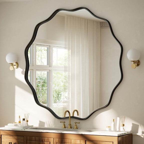 Black Scalloped Large Circle Mirror, 42" Wavy Edge Round Wall Mirror with Tempered Glass Textured Circular Metal Deep Frame, Hanging Leaning for Bathroom, Hallway, Entryway, Livng Room