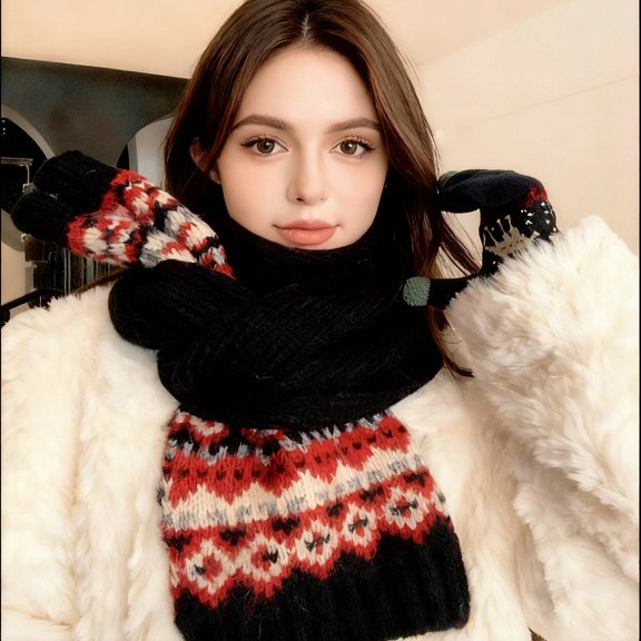 Black Scarfs Scarf Ladies' Isle Wool Knitted Scarf Artistic High End Warm and Cold Neck Wrap