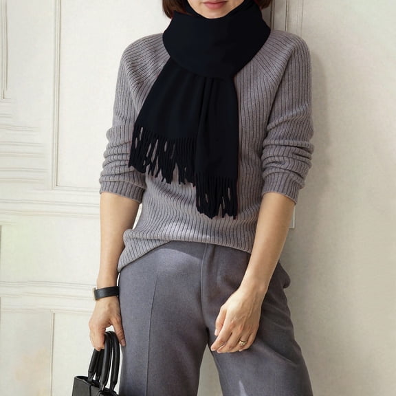 Black Scarfs Scarf Women's Solid Color Scarves for Autumn and Winter with A Versatile Like Feel Tassels Style Warm and Suitable As A Neck Warmer