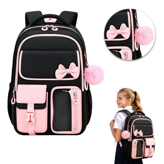 Black Backpack School Backpacks for Them Teens Cute Bow Middle High School Bookbag Large Capacity Lightweight Waterproof Daypack for Students