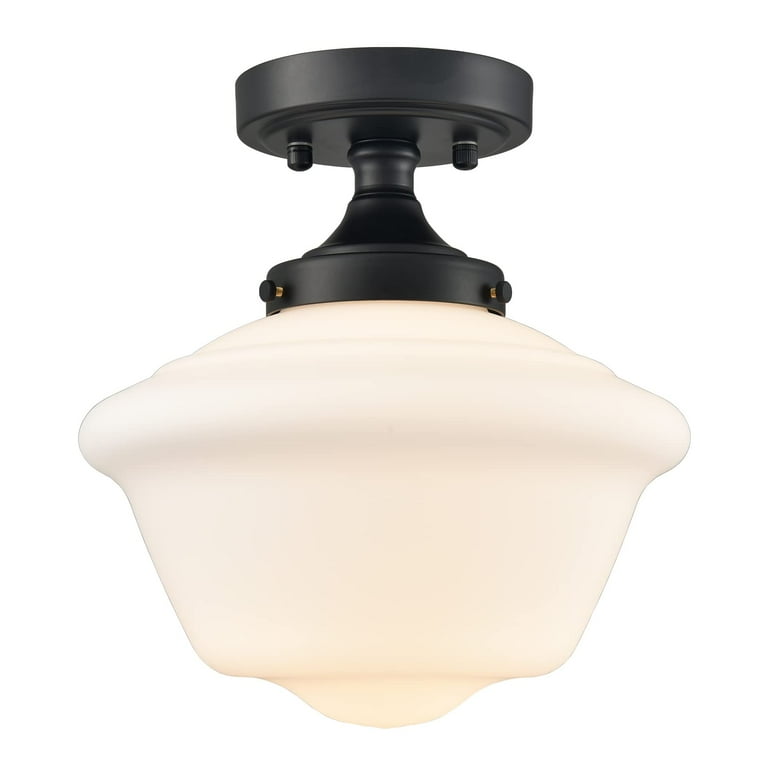 Black Schoolhouse Ceiling Light Fixture with Milk Glass Shade