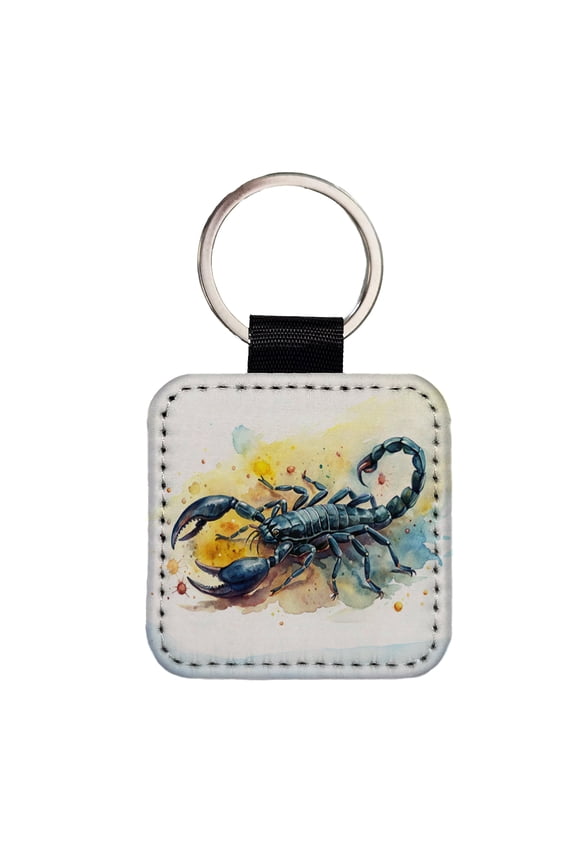 Black Scorpion Watercolor Faux Leather Square Keychain