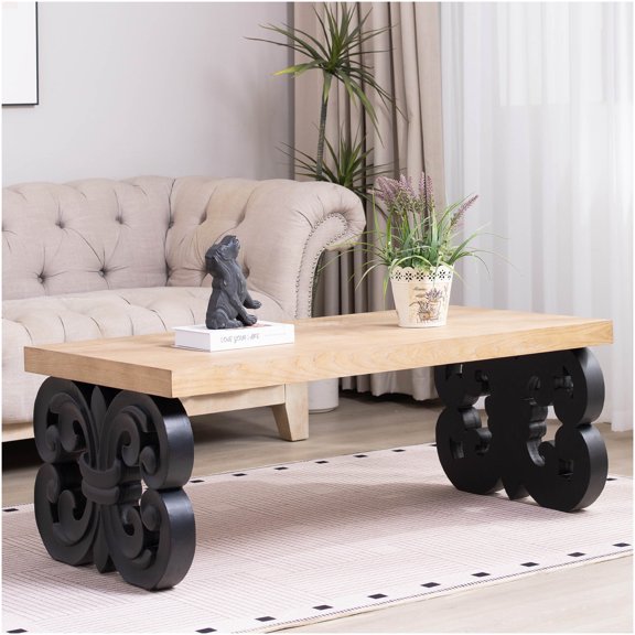 Black Scroll Base Coffee Table, 47 Inch Rectangular Natural Wood Top Farmhouse Modern Living Room Accent Center Table