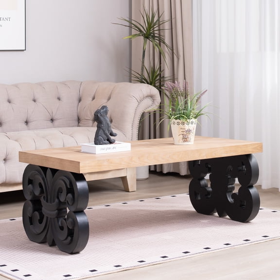 Black Scroll Base Coffee Table  47" Rectangular Wood Living Room Table with Natural Top  Modern Farmhouse Accent Table  Elegant Centerpiece with