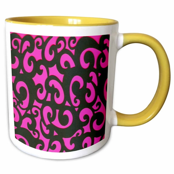 3drose, Black Scrolls on Hot Pink, 15oz Two-tone Yellow Mug