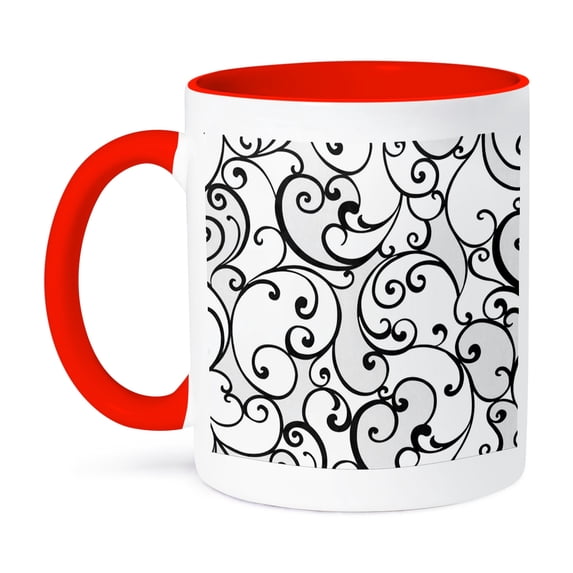 3dRose, Black Scrolls On White, 11oz Two-Tone Red Mug