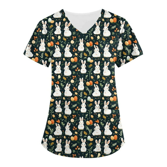 Black Scrub For Women,Scrubs for Women 2026 Easter Bunny Eggs Print Tops for Women V Neck Stretchy Short Sleeve Nursing Shirts with Pockets,Green,L