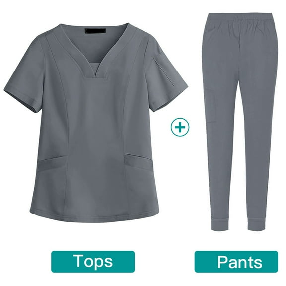 Black Scrub Sets For Women Solid Color V-Neck Scrub Uniform Set - Lightweight Poly-Cotton Blend, Chest Pocket & Cargo Pants with Utility Loops Gray M