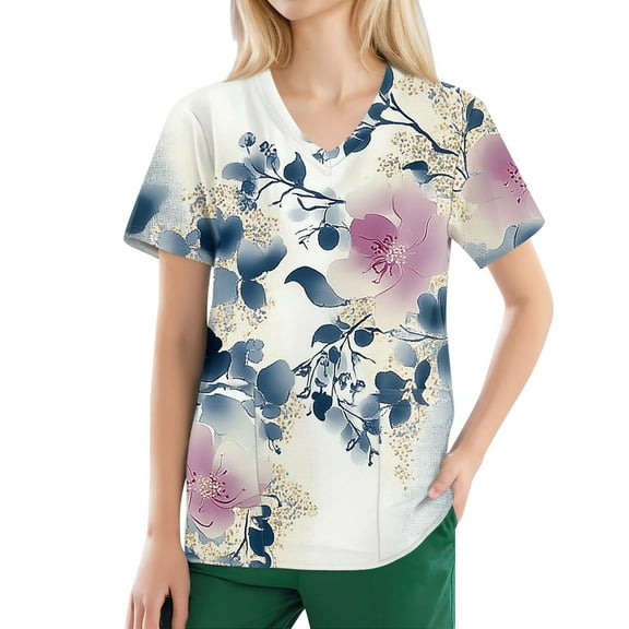 Black Scrub for Women,Floral Print V-Neck Scrubs - Antimicrobial Fabric with Hidden Pocket - Light pink - L