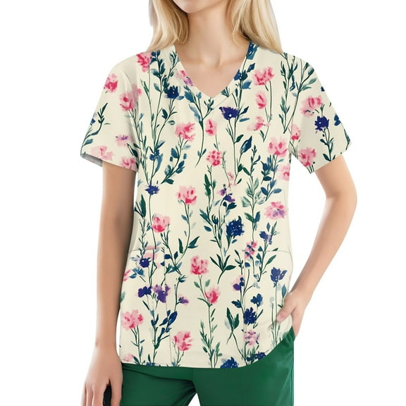 Black Scrub for Women,Unisex Medical Scrub Tops Long Sleeve with Side Pockets - Floral Print Workwear for Nurses - Light pink - L