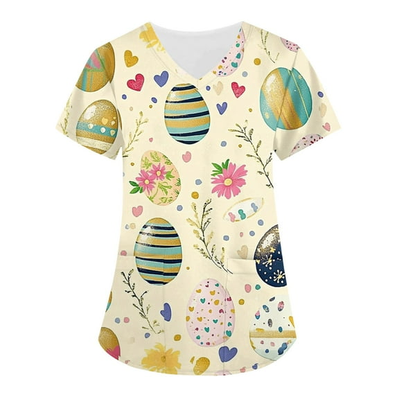 Black Scrubs For Women,Easter Scrub Tops Women Bunny Egg Hunt Print Scrubs Short Sleeve Holiday Working Uniform with Pockets,Multicolor,XL