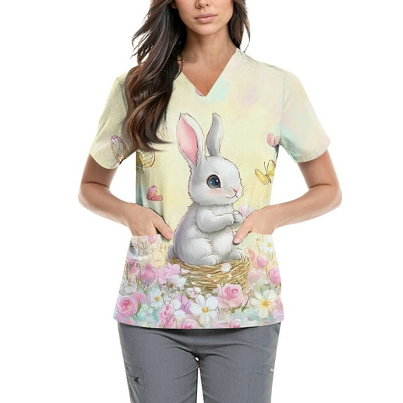 Black Scrubs For Women,Easter Scrub Tops Women Bunny Egg Hunt Print Short Sleeve V Neck Stretchy Holiday Nurse Working Uniform Scrubs Sets,Yellow,L