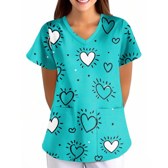 Black Scrubs For Women,Women's Valentine's Day Printed Loose-Fit V-Neck Pocket Short-Sleeve Nursing Scrubs Top - Red - L